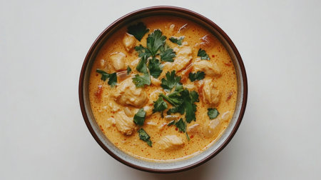A delicious bowl of creamy chicken with vibrant spices and fresh herbs. This appetizing dish is perfect for lunch or dinner, offering warmth and comfort.の素材