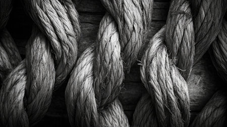 Discover the intricate details of tightly twisted rope in this close-up shot. The monochrome tones highlight its texture and strength, perfect for various design projects.の素材
