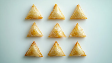 This close-up image features a visually appealing arrangement of nine golden pastries, showcasing their flaky texture and deliciousness. Perfect for food-related themes.の素材