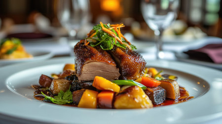 Discover an elegant presentation of roasted duck on a pristine white plate, beautifully garnished with fresh vegetables, perfect for gourmet dining settings.の素材