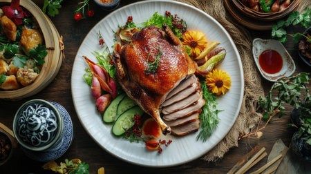 A stunning presentation of roasted duck accompanied by fresh herbs, vegetables, and vibrant flowers, perfect for an upscale dining experience or culinary showcase.の素材