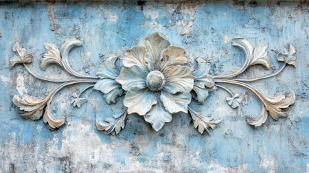 This close-up shot showcases a beautifully weathered wall adorned with a floral relief design, offering a vintage aesthetic and intricate details. Ideal for artistic themes.の素材