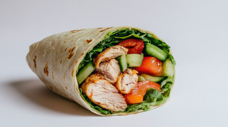 This close-up image showcases a delicious chicken wrap, filled with fresh lettuce, cucumber, and tomato, perfect for a healthy meal or snack.の素材