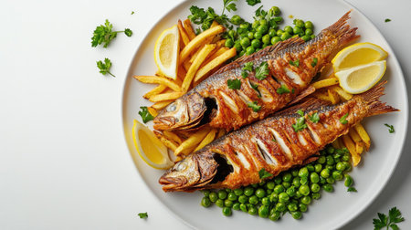 A vibrant plate featuring crispy fried fish, fresh peas, and golden fries, garnished with lemon and parsley, creating a delightful culinary experience.の素材