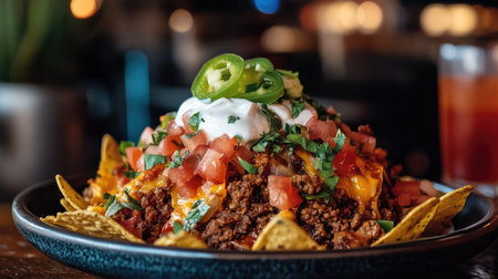 Enjoy a vibrant plate of nachos overflowing with savory beef, cheese, fresh tomatoes, and jalapenos, perfect for sharing or as a delightful snack.の素材