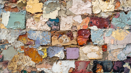 Close-up of a textured brick wall featuring a variety of colorful stones and peeling paint. This artistic backdrop offers a unique visual appeal for design projects.の素材