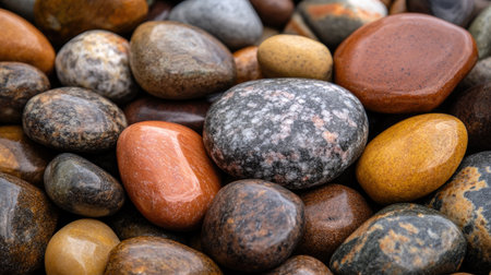 A beautiful assortment of rounded pebbles showcasing a mix of natural colors and textures, ideal for backgrounds, crafts, and design projects.の素材