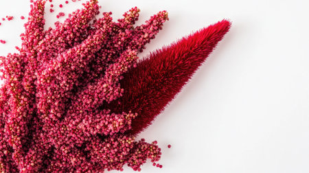 This close-up image showcases vibrant red amaranth powder against a clean white background, highlighting its rich texture and color, perfect for culinary and artistic uses.の素材