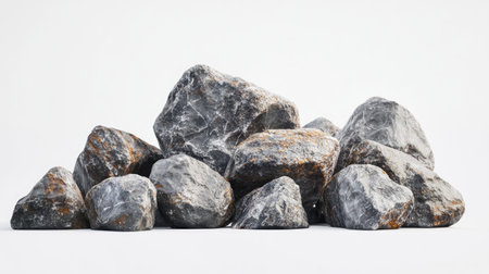 This image features a naturally arranged pile of rocks on a clean white background, showcasing the texture, shape, and rugged beauty of each stone.の素材