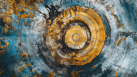Explore the intricate details of a tree trunk cross section. This vivid close-up reveals beautiful growth rings, textures, and natural patterns, showcasing the elegance of wood in nature.の素材