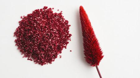 A visually striking close-up of red amaranth powder and a vibrant red flower, perfect for showcasing natural ingredients in cooking or decoration.の素材
