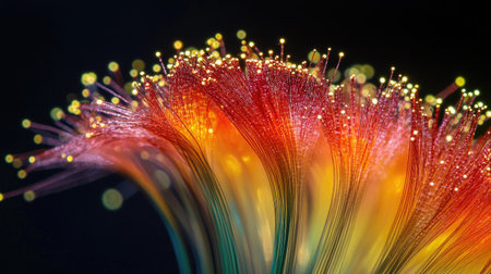 Discover a vibrant close-up of colorful fiber optic threads, featuring radiant light reflections that create a stunning visual display. Perfect for technology themes.の素材