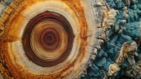 This close-up image showcases a tree trunk cross section. The intricate patterns and rings highlight the beauty of nature's design, emphasizing the growth and history captured in wood.の素材