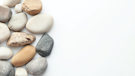 A collection of smooth stones arranged in a pile on a bright white background, creating a serene and natural feel ideal for design or wellness themes.の素材