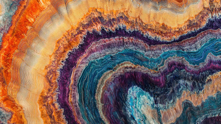 Dive into the stunning details of a vivid tree trunk cross-section. This macro shot showcases the intricate patterns and colors from annual growth rings, highlighting nature's artistry.の素材