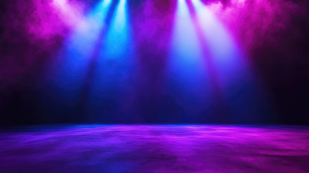 Captivating stage lighting creates a vibrant atmosphere with colorful blue and purple hues, enhanced by wisps of fog, perfect for events or performances.の素材