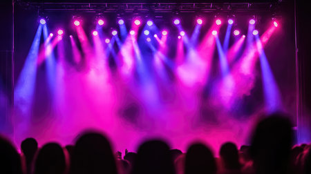 Bright stage lights illuminate a performance area, creating a vibrant atmosphere filled with energy. A crowd awaits the show, enhancing the excitement.の素材