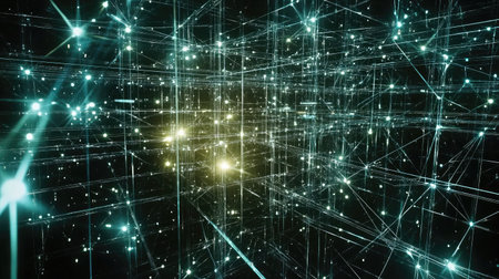 This stunning abstract image showcases a futuristic digital grid filled with bright light points, creating an immersive and dynamic space environment.の素材