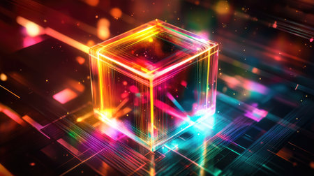 Discover a vibrant and colorful abstract cube illuminated by dynamic light effects, creating a mesmerizing atmosphere perfect for digital art and creative projects.の素材