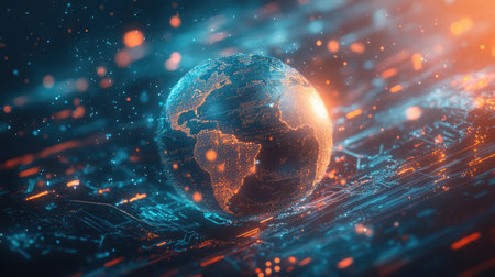 A captivating digital illustration of Earth glowing with intricate data streams and luminous light effects, symbolizing the interconnectedness of technology and our world.の素材