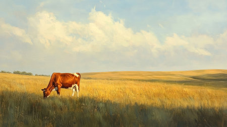 A peaceful scene of a cow grazing in a golden field under a bright sky, capturing the tranquility and beauty of rural life in a serene countryside landscape.の素材