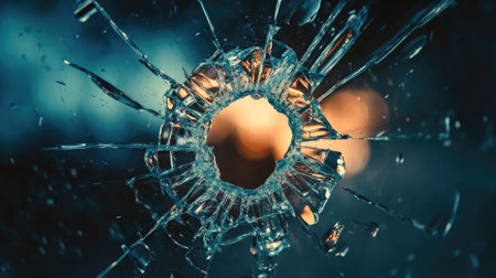 A striking close-up of a bullet hole in shattered glass, showcasing intricate cracks and vivid light contrasts, perfect for themes of tension and impact.の素材