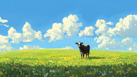 A cow stands majestically in a vibrant field filled with colorful flowers under a clear blue sky, creating a serene rural landscape perfect for nature lovers.の素材