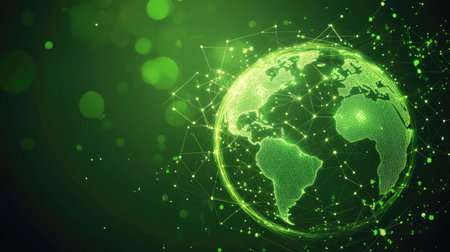 A futuristic digital globe showcasing green connections, symbolizing global communication and environmental awareness, perfect for technology-related themes.の素材