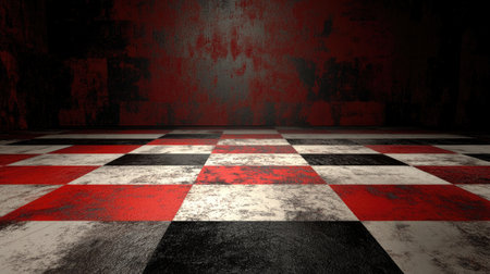 A dramatic grungy checkerboard floor featuring red, black, and white colors, perfect for interior design projects, photography backgrounds, and artistic endeavors.の素材