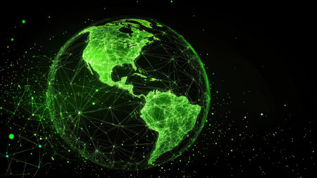 A vibrant green digital globe showcasing interconnected lines and dots, representing data, technology, and global communication in an abstract design.の素材
