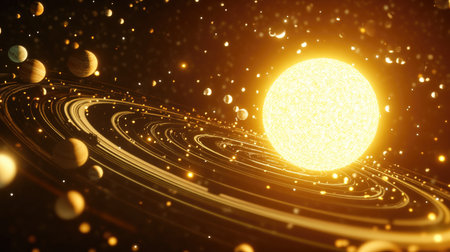 A stunning visualization of a vibrant solar system with a radiant sun, surrounded by multiple planets and cosmic elements, illustrating the wonders of space.の素材