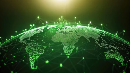 Vibrant green digital world map featuring network connections. This illustration represents modern connectivity, technology, and global communication concepts, ideal for tech-related projects.の素材