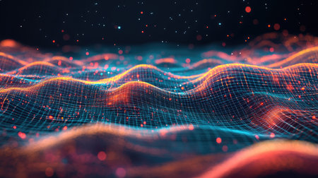 Vibrant digital waves showcase an abstract landscape, illuminated by glowing particles. This captivating design reflects movement and creativity in technology.の素材