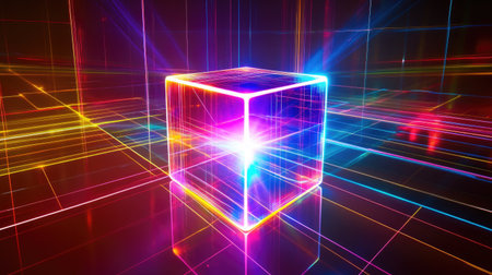 A vibrant neon cube radiates in an abstract digital space, showcasing colorful lights and geometric patterns, perfect for tech-themed projects and creative designs.の素材