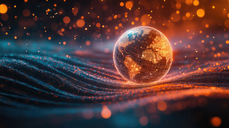 Beautiful digital representation of Earth glowing in vibrant colors, surrounded by dynamic waves and sparkling particles. Perfect for technology or environmental themes.の素材