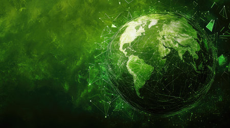 A vibrant green depiction of Earth showcasing digital connections and network lines. This abstract design symbolizes nature, technology, and ecological themes.の素材