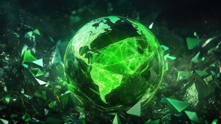 This vibrant illustration features a green globe connected by digital lines, surrounded by abstract shapes, representing global connectivity and technology.の素材