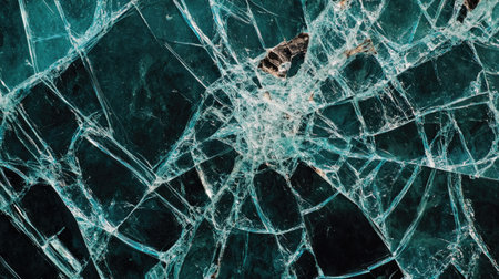 This image showcases a close-up view of broken glass featuring intricate shattered patterns and a striking blue tint, perfect for artistic and abstract projects.の素材