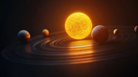 A stunning digital representation of the solar system featuring a bright sun with several orbiting planets, showcasing the beauty of space and astronomy.の素材