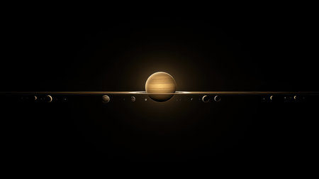 A stunning visualization of Saturn surrounded by its moons, capturing the beauty of the cosmos. The dark background highlights the planet's rings and the vastness of space.の素材
