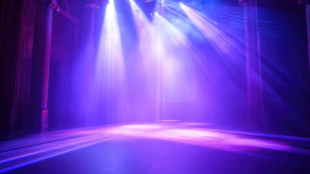 Captivating stage lighting fills an empty performance space with vibrant purple beams and dramatic shadows, perfect for concerts and events.の素材