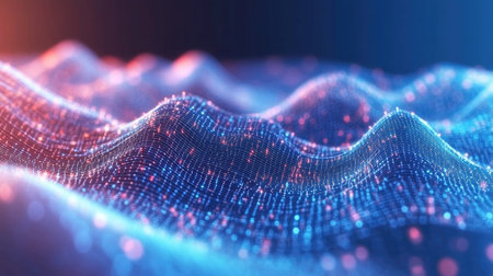 A captivating abstract representation of digital waves illuminated in blue and red. Perfect for technology themes, data visualization, and futuristic designs.の素材