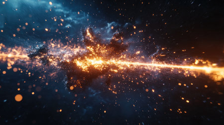 Vivid cosmic explosion showcasing energetic particles and stunning light patterns in space. Perfect for science, technology, and imaginative themes.の素材