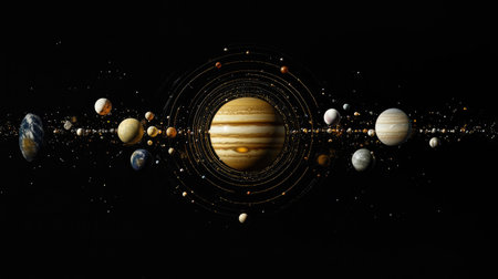 A breathtaking view of the solar system showcasing various planets orbiting in space, highlighting the beauty and mystery of our universe.の素材
