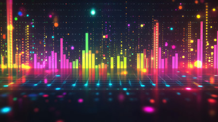 Vibrant and colorful abstract digital sound wave pattern background, perfect for music-related projects, visuals, or creative design elements.の素材