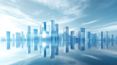 A stunning modern cityscape featuring towering buildings reflecting in calm blue waters. This tranquil scene evokes a sense of serenity and beauty.の素材
