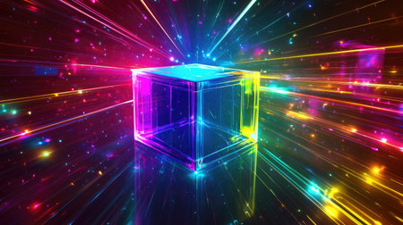 This vibrant abstract image features a glowing cube surrounded by dynamic light rays, creating a sense of energy and motion in a colorful space.の素材