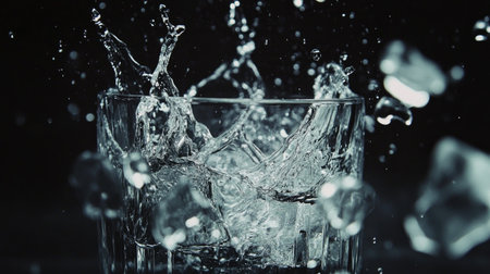 A close-up capture of a refreshing water splash in a crystal glass filled with ice cubes. Ideal for beverage, party, or celebration themes.の素材
