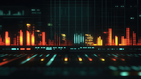 A vibrant digital representation of sound waves and audio visualization, featuring colorful bars and sleek elements ideal for music and tech themes.の素材