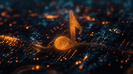 A stunning visualization of a glowing music note, set against an abstract background. This image captures the essence of sound and creativity in a vibrant display.の素材